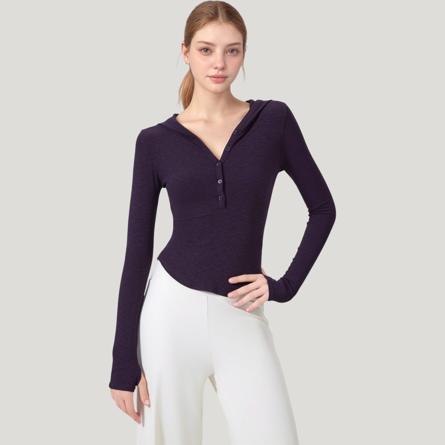 Anna-Kaci Active Women's Long Sleeve Henley Hoodie Activewear Top with Streamlined Fit and Lightweight Stretch Fabric