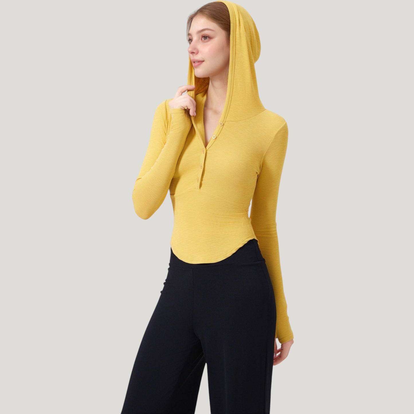 Anna-Kaci Active Women's Long Sleeve Henley Hoodie Activewear Top with Streamlined Fit and Lightweight Stretch Fabric