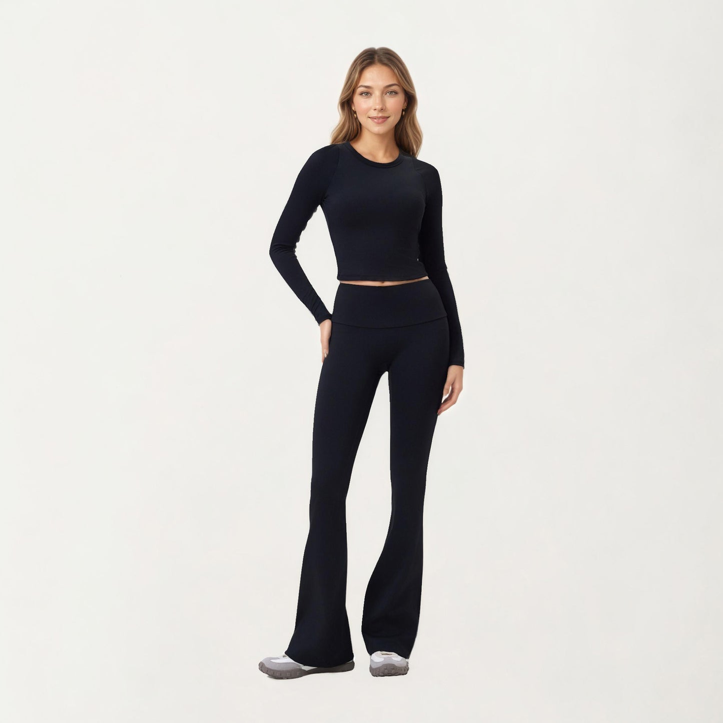 Anna-Kaci Active Women's High Waist Flare Leg Pants with Foldover Waistband and Stretch Performance Fabric