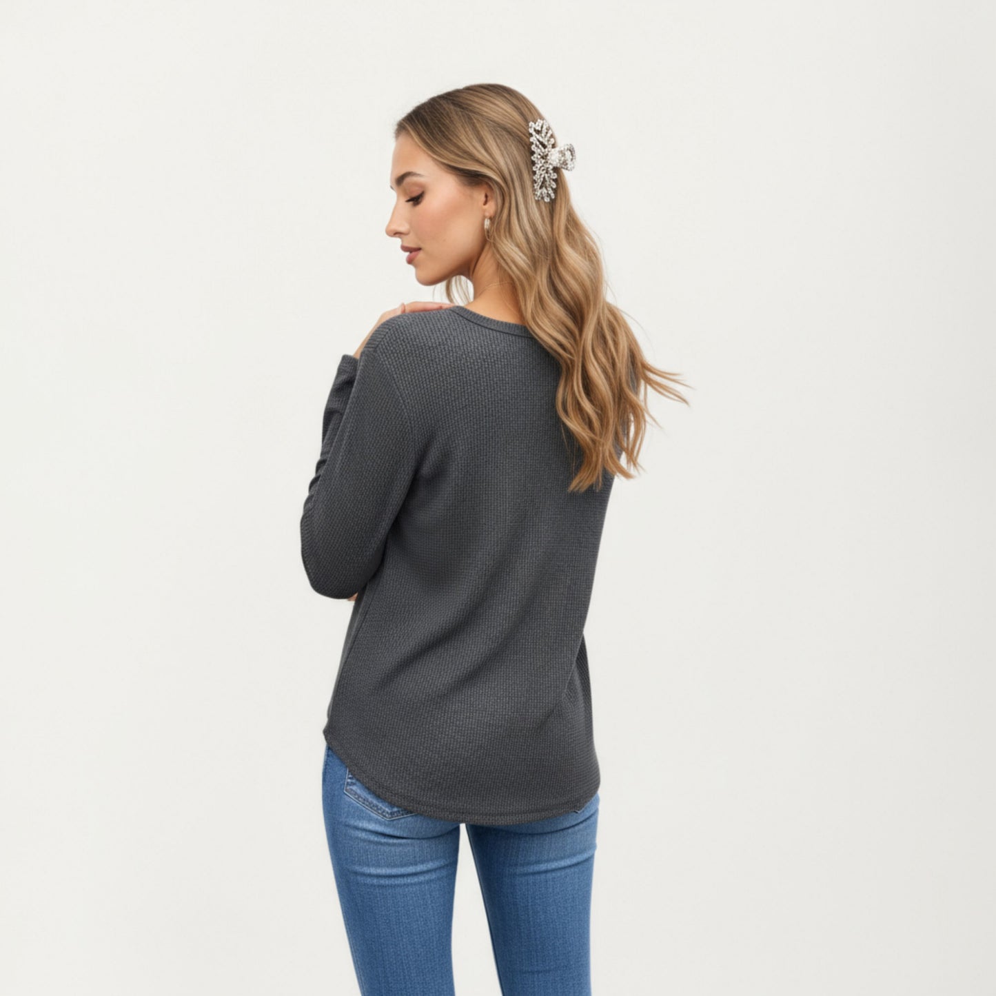 Anna-Kaci Women's Long Sleeve Waffle Knit Top with Notch V-Neckline and Relaxed Fit