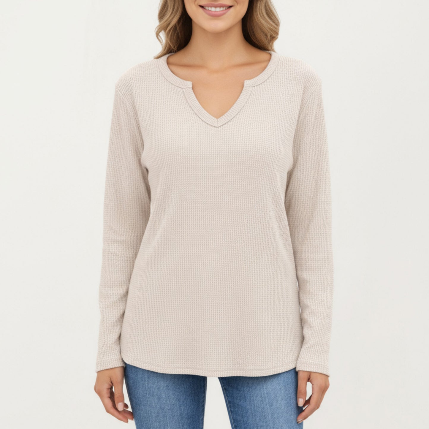 Anna-Kaci Women's Long Sleeve Waffle Knit Top with Notch V-Neckline and Relaxed Fit