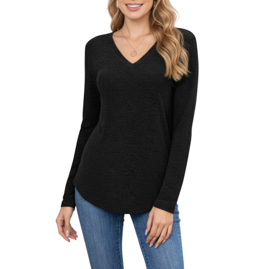 Anna-Kaci Women's Long Sleeve V-Neck Knit Top with Curved Hem and Relaxed Fit