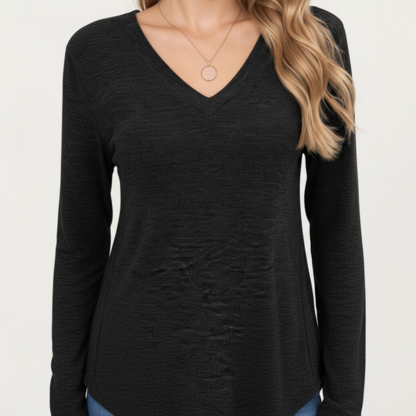 Anna-Kaci Women's Long Sleeve V-Neck Knit Top with Curved Hem and Relaxed Fit
