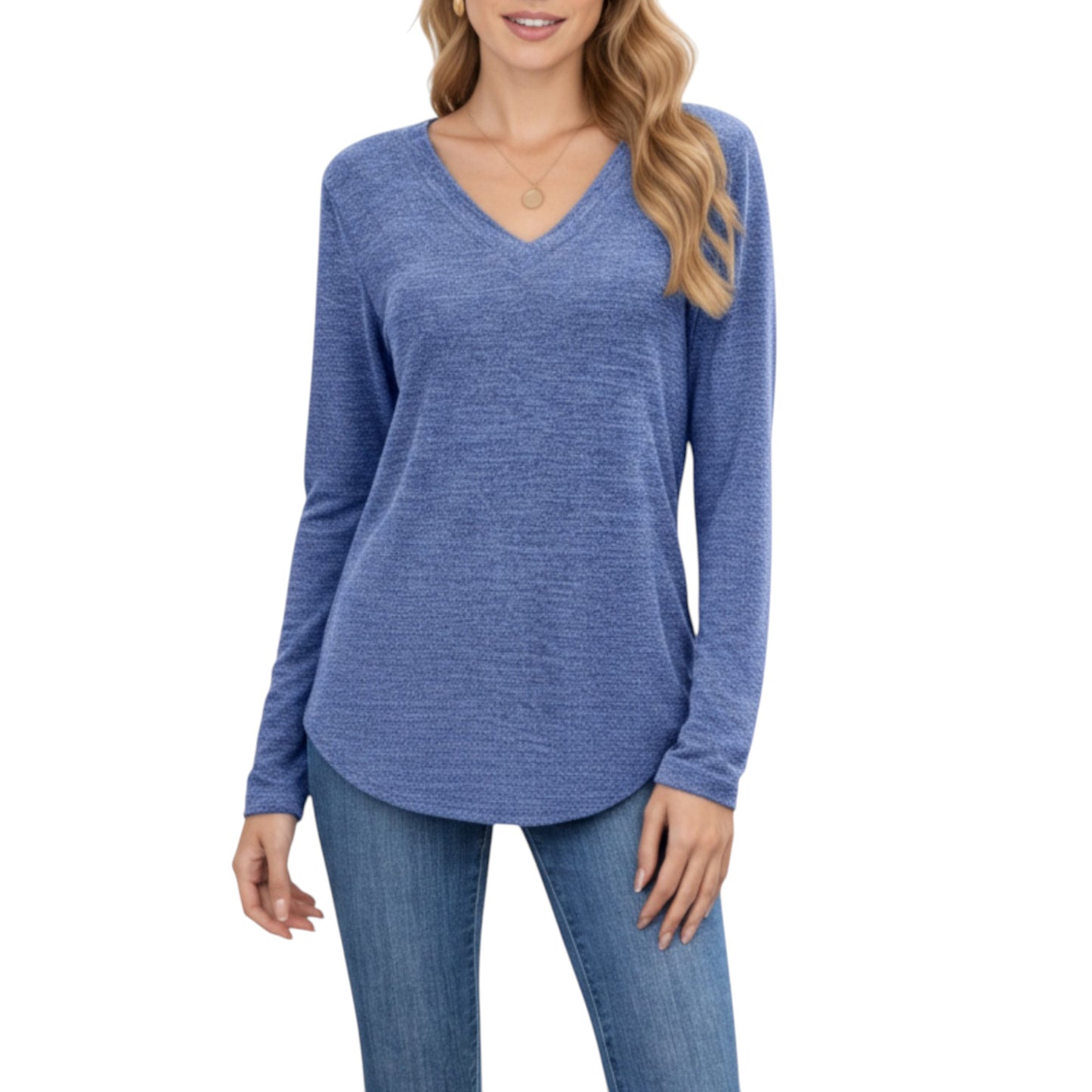 Anna-Kaci Women's Long Sleeve V-Neck Knit Top with Curved Hem and Relaxed Fit