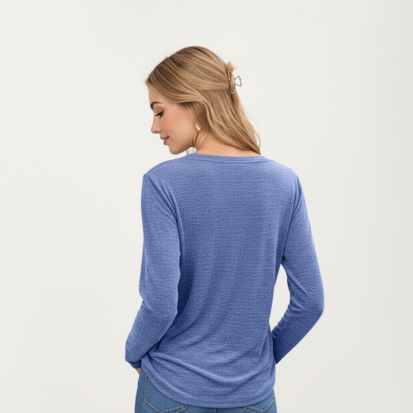 Anna-Kaci Women's Long Sleeve V-Neck Knit Top with Curved Hem and Relaxed Fit