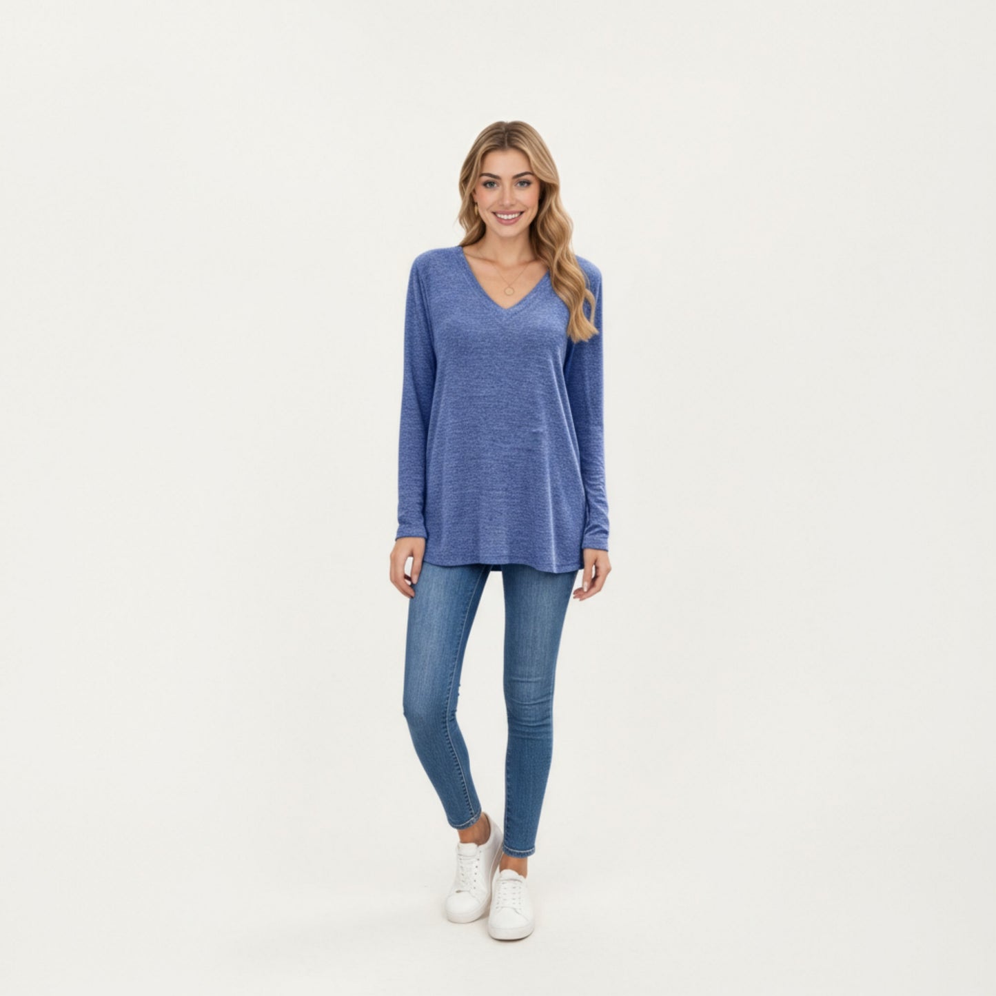 Anna-Kaci Women's Long Sleeve V-Neck Knit Top with Curved Hem and Relaxed Fit