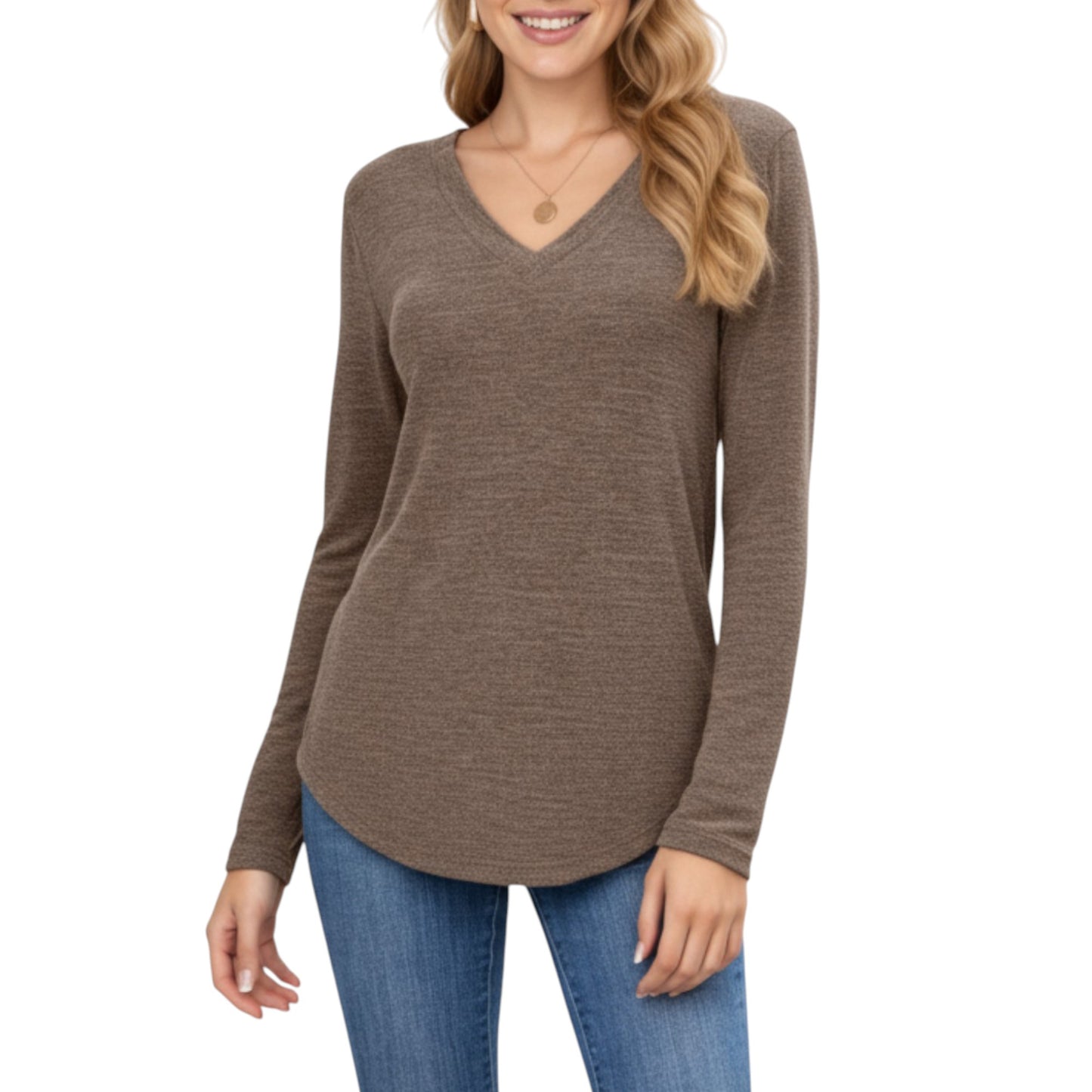 Anna-Kaci Women's Long Sleeve V-Neck Knit Top with Curved Hem and Relaxed Fit