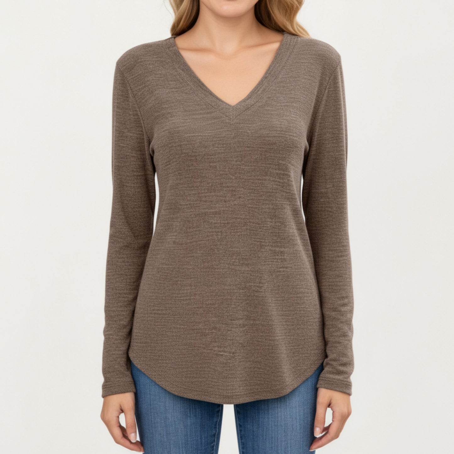 Anna-Kaci Women's Long Sleeve V-Neck Knit Top with Curved Hem and Relaxed Fit