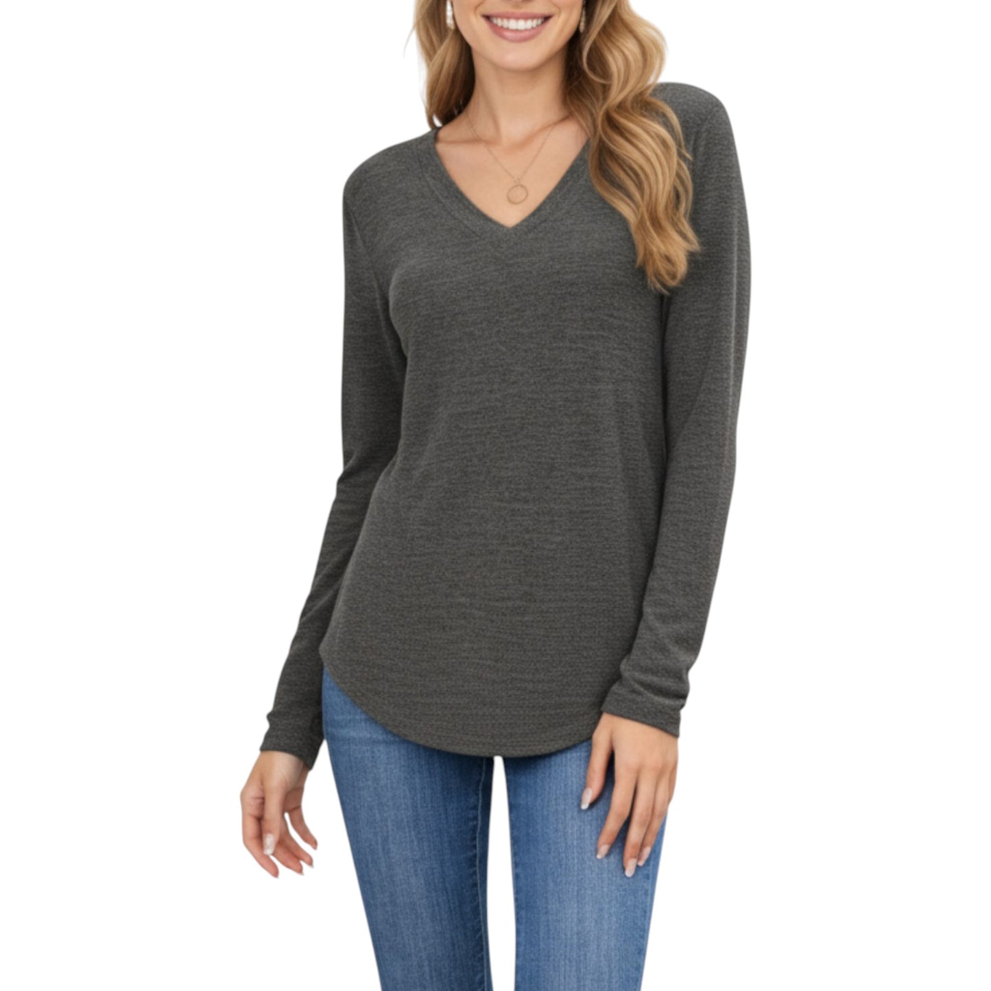 Anna-Kaci Women's Long Sleeve V-Neck Knit Top with Curved Hem and Relaxed Fit