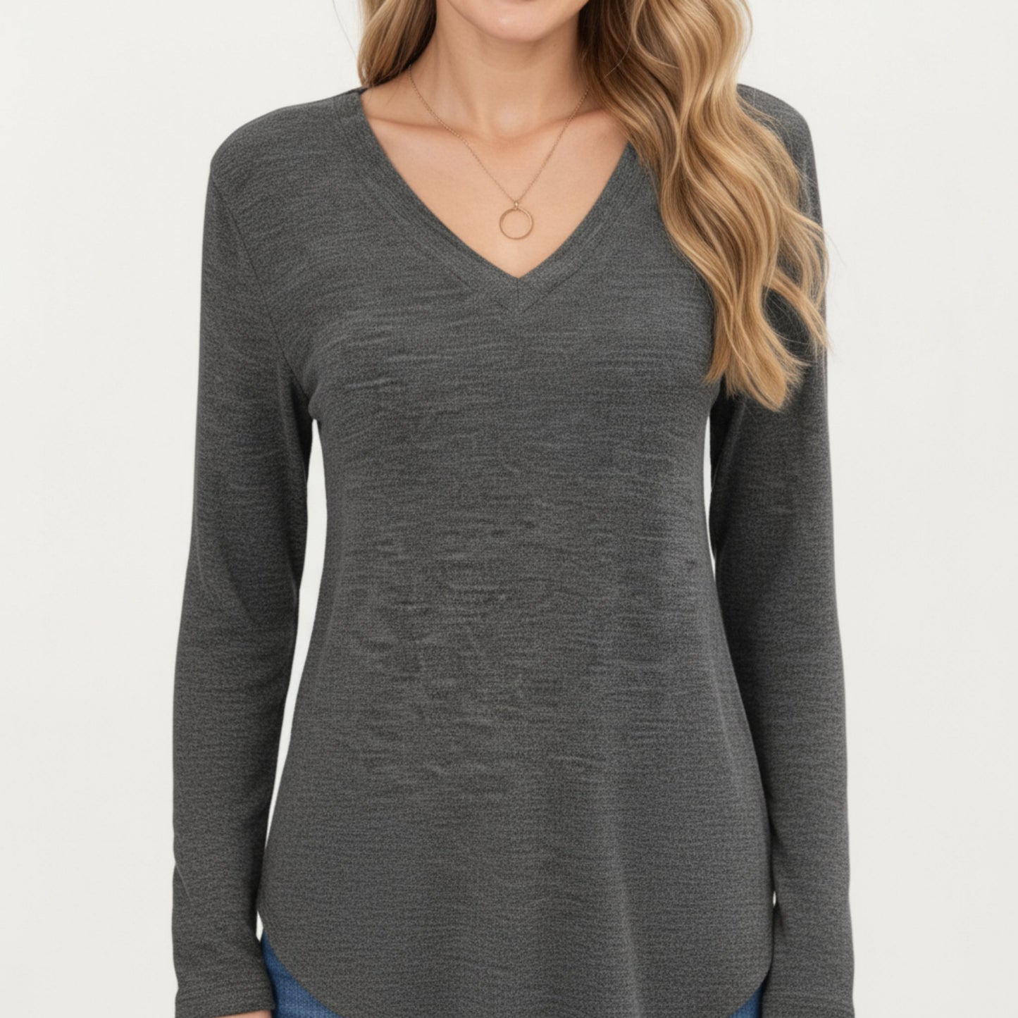 Anna-Kaci Women's Long Sleeve V-Neck Knit Top with Curved Hem and Relaxed Fit