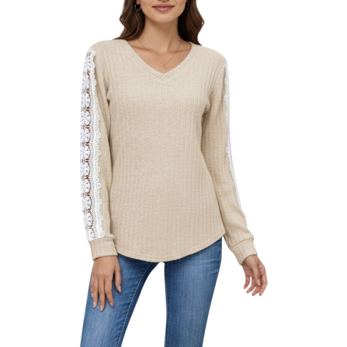 Anna-Kaci Women's Long Sleeve V-Neck Knit Top with Lace Trim Detailing on Sleeves