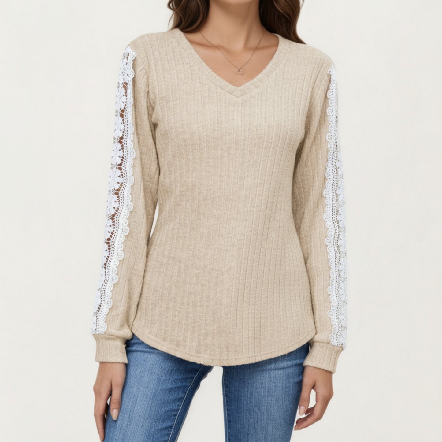 Anna-Kaci Women's Long Sleeve V-Neck Knit Top with Lace Trim Detailing on Sleeves