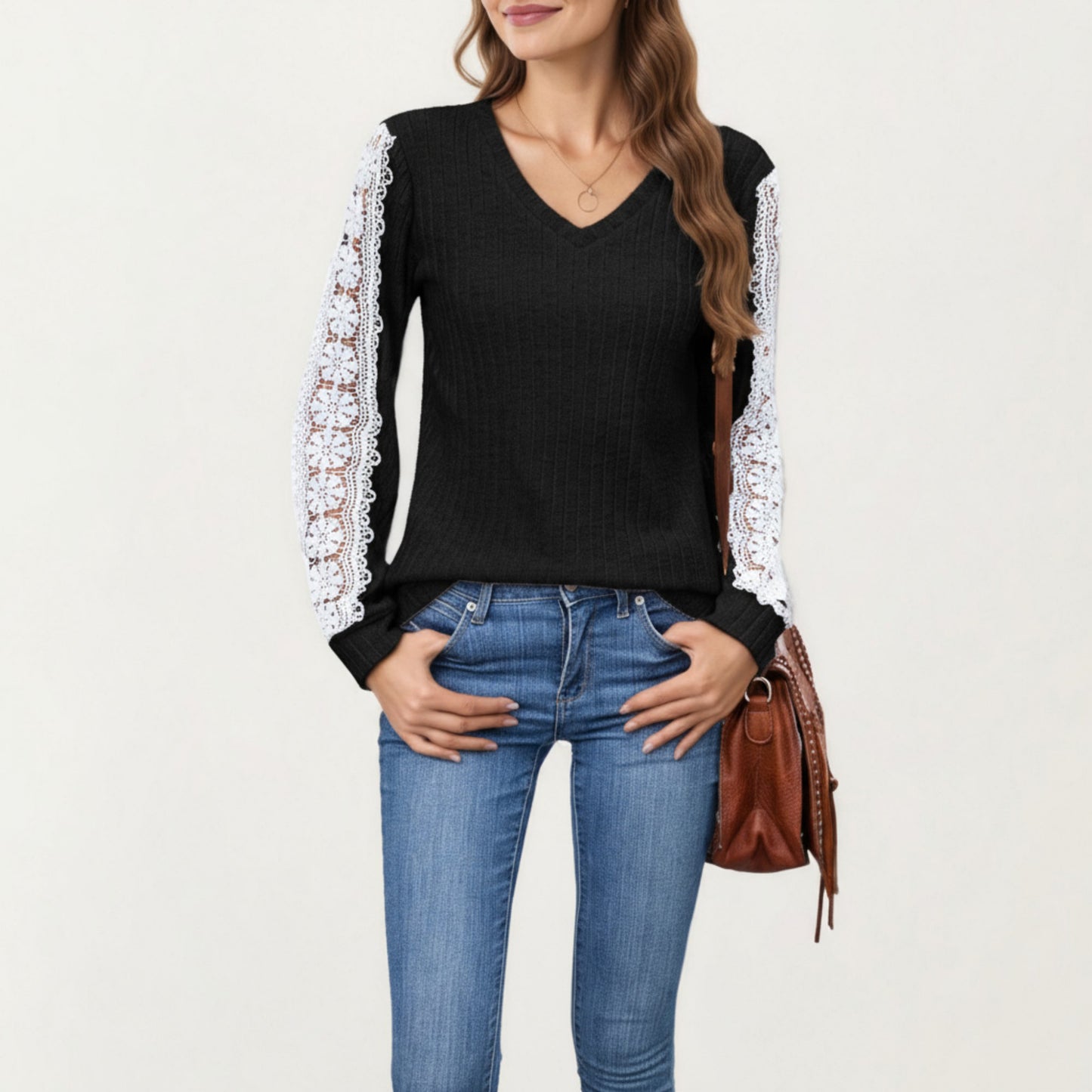 Anna-Kaci Women's Long Sleeve V-Neck Knit Top with Lace Trim Detailing on Sleeves
