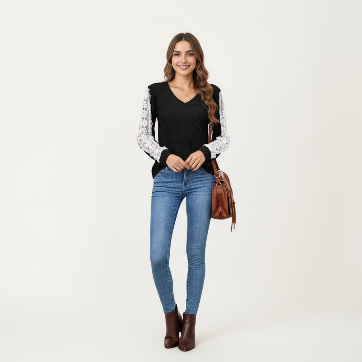 Anna-Kaci Women's Long Sleeve V-Neck Knit Top with Lace Trim Detailing on Sleeves