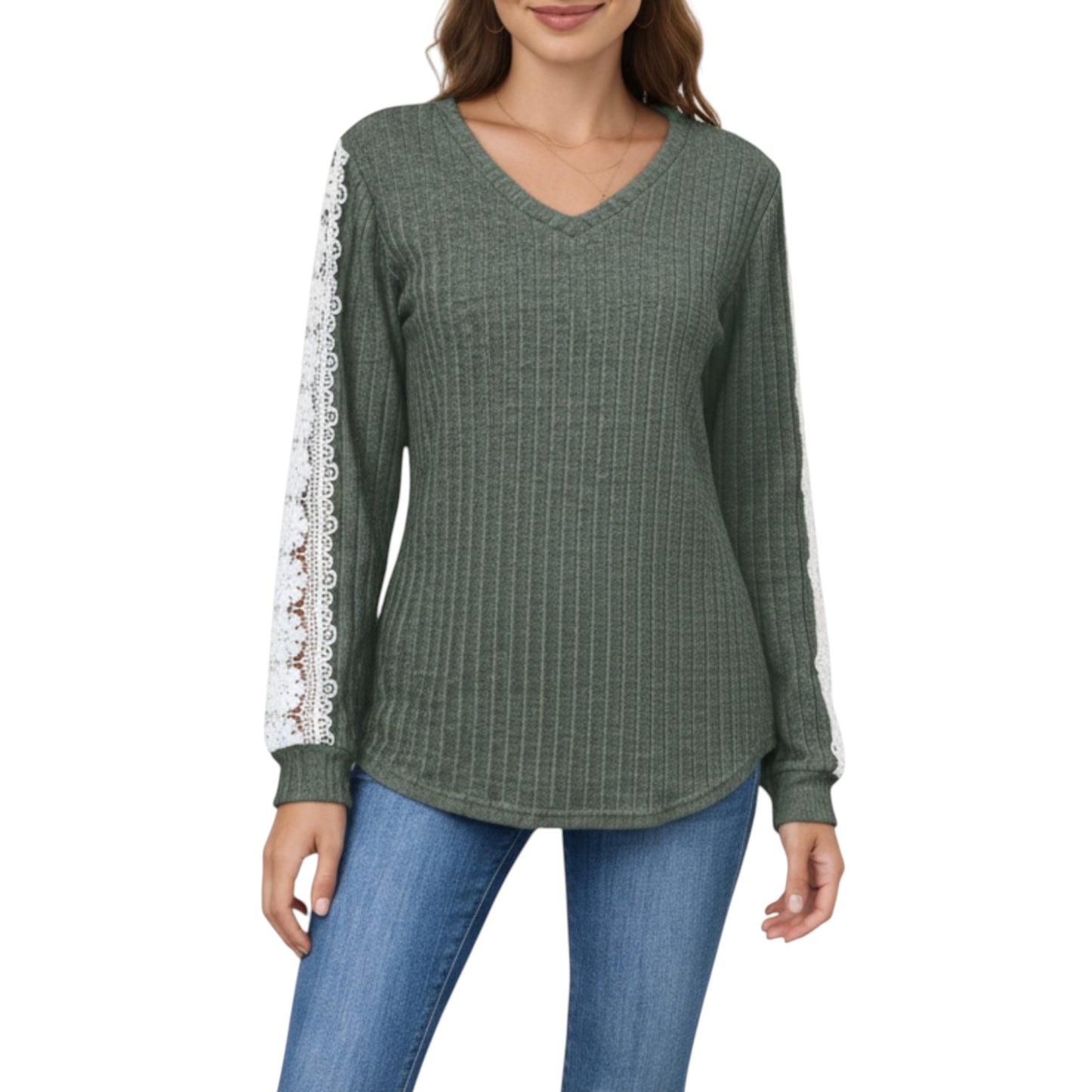 Anna-Kaci Women's Long Sleeve V-Neck Knit Top with Lace Trim Detailing on Sleeves