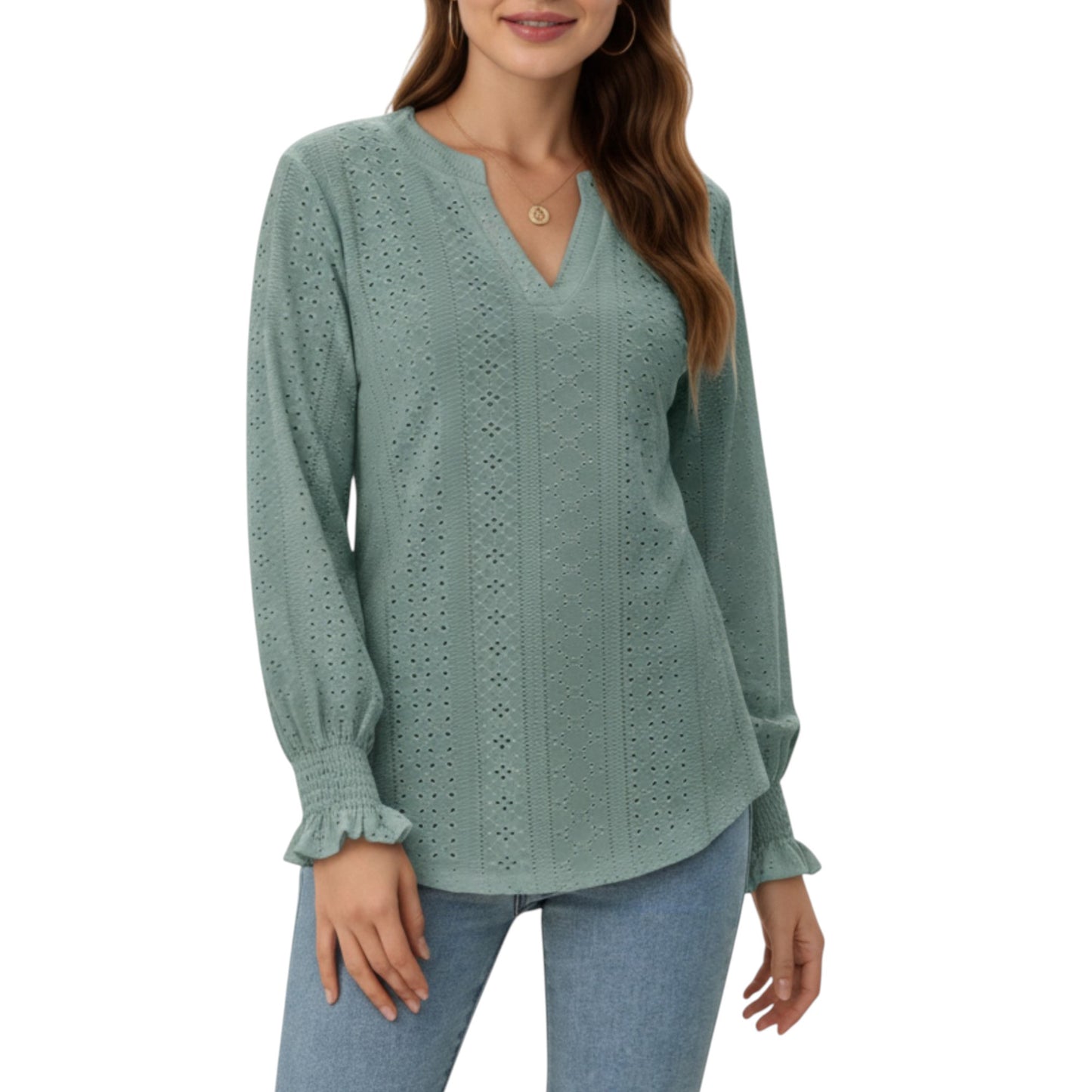 Anna-Kaci Women's Long Sleeve Eyelet Embroidered Top with V-Neckline and Ruffle Cuffs