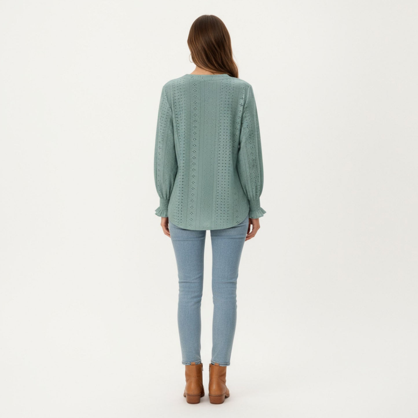 Anna-Kaci Women's Long Sleeve Eyelet Embroidered Top with V-Neckline and Ruffle Cuffs