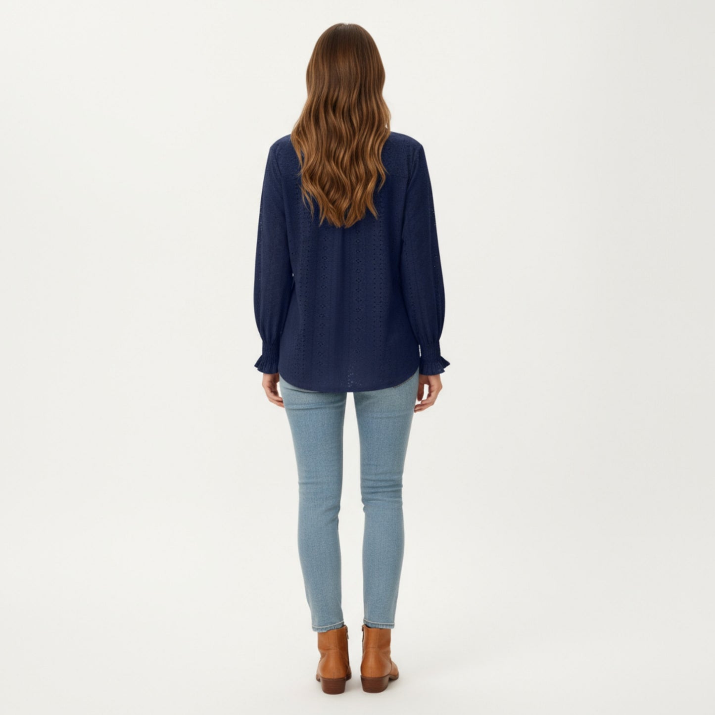 Anna-Kaci Women's Long Sleeve Eyelet Embroidered Top with V-Neckline and Ruffle Cuffs