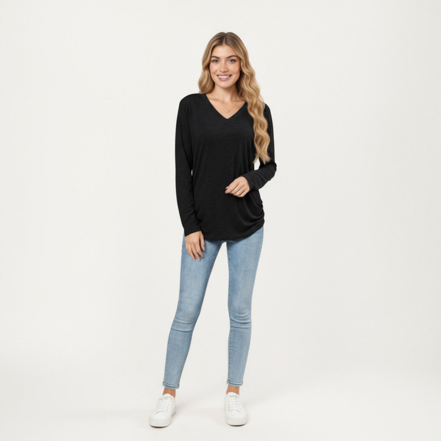 Anna-Kaci Women's Long Sleeve V-Neck Top with Ruched Side Detailing