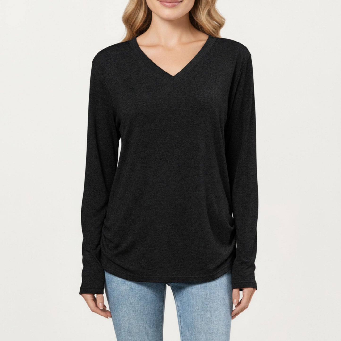 Anna-Kaci Women's Long Sleeve V-Neck Top with Ruched Side Detailing