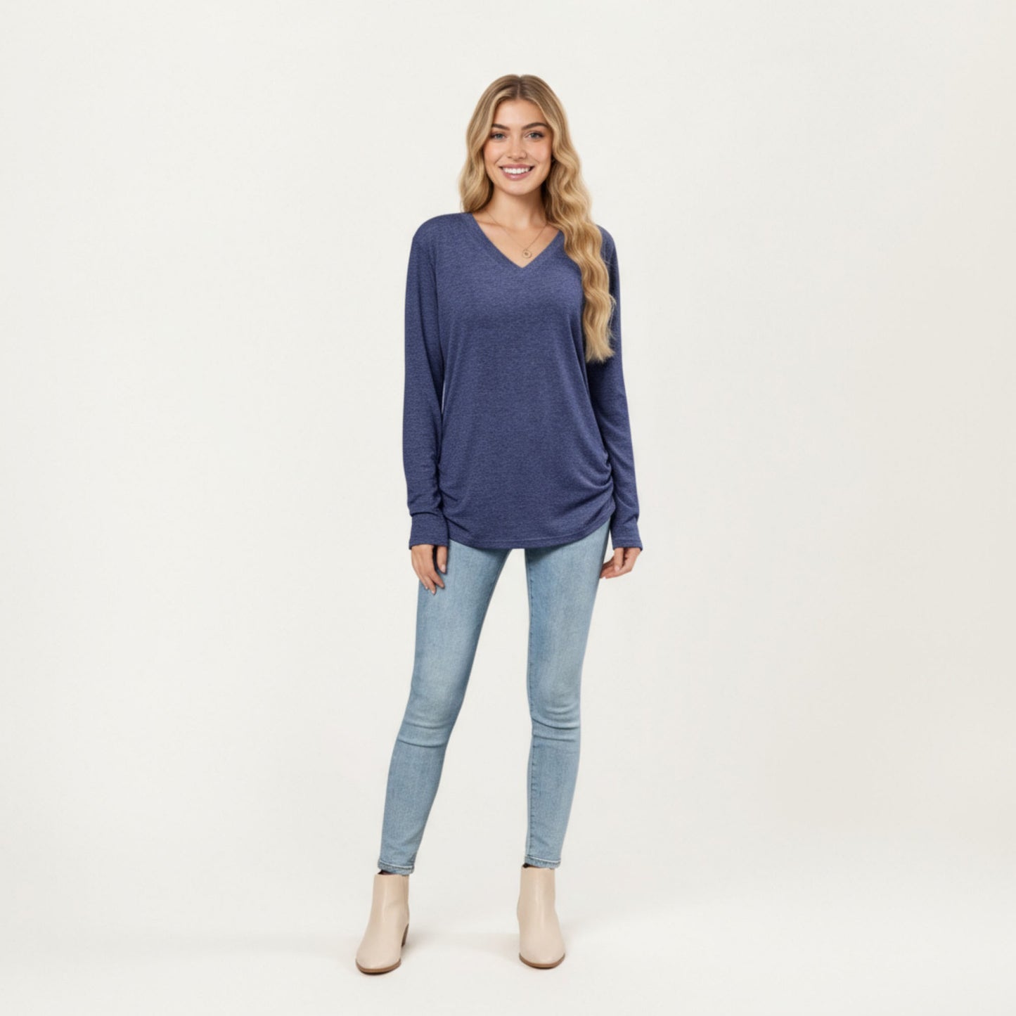 Anna-Kaci Women's Long Sleeve V-Neck Top with Ruched Side Detailing