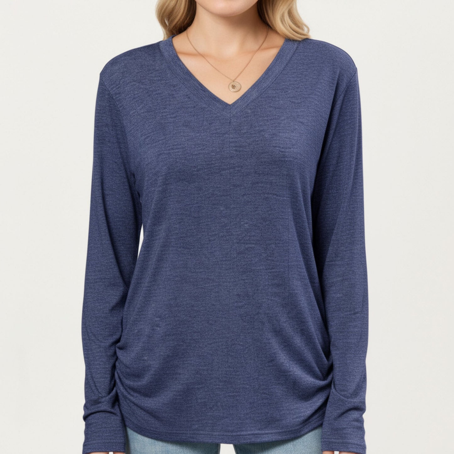 Anna-Kaci Women's Long Sleeve V-Neck Top with Ruched Side Detailing