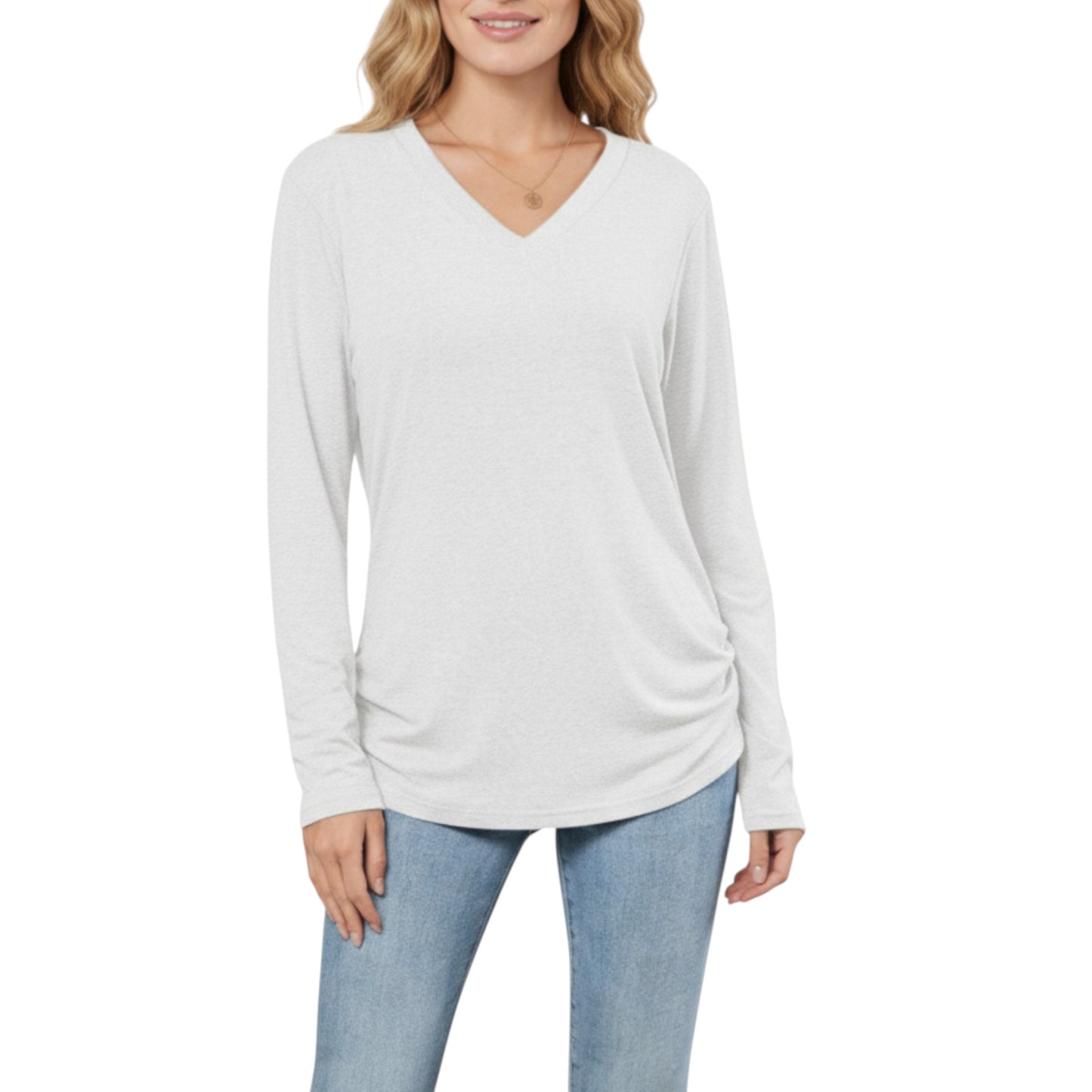 Anna-Kaci Women's Long Sleeve V-Neck Top with Ruched Side Detailing