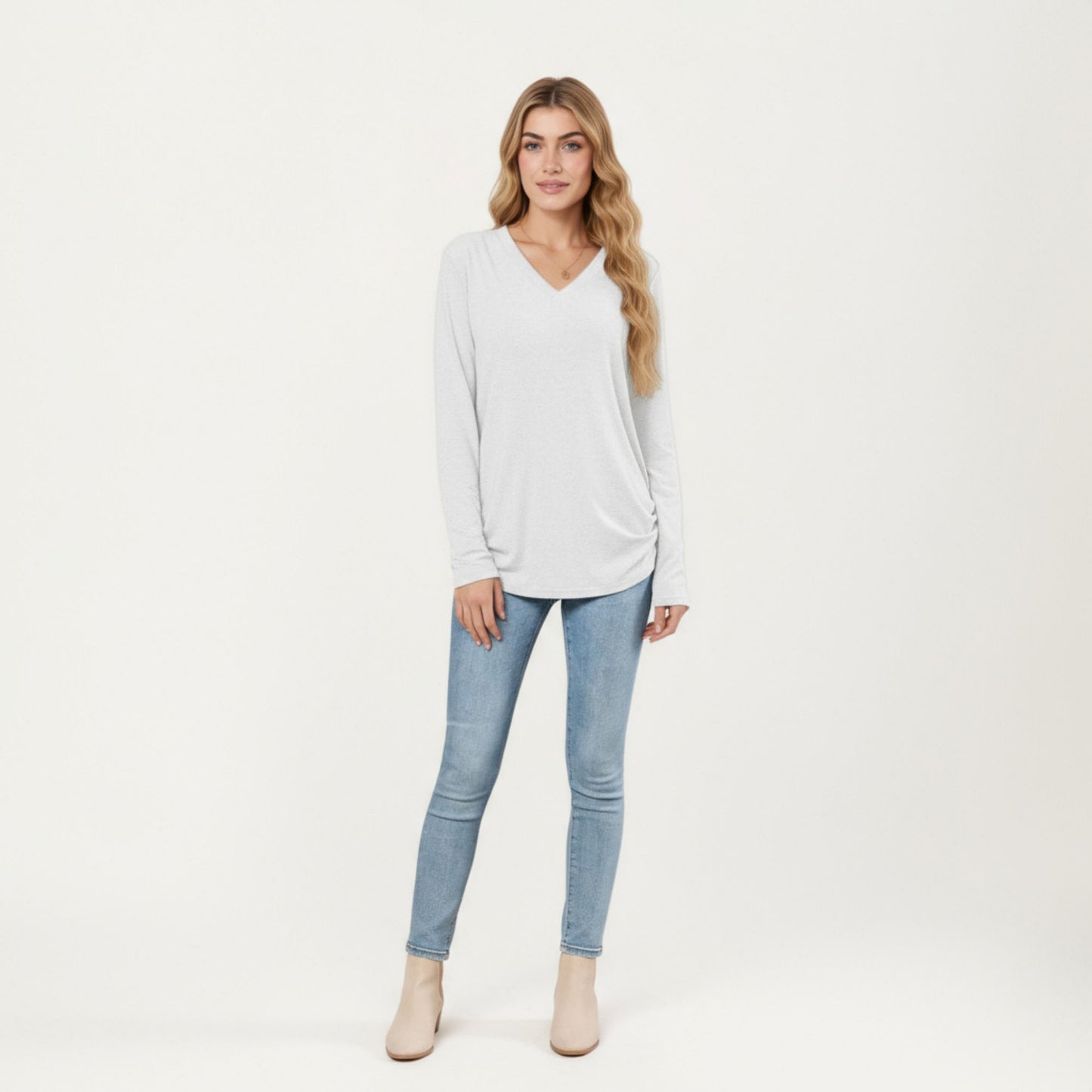 Anna-Kaci Women's Long Sleeve V-Neck Top with Ruched Side Detailing