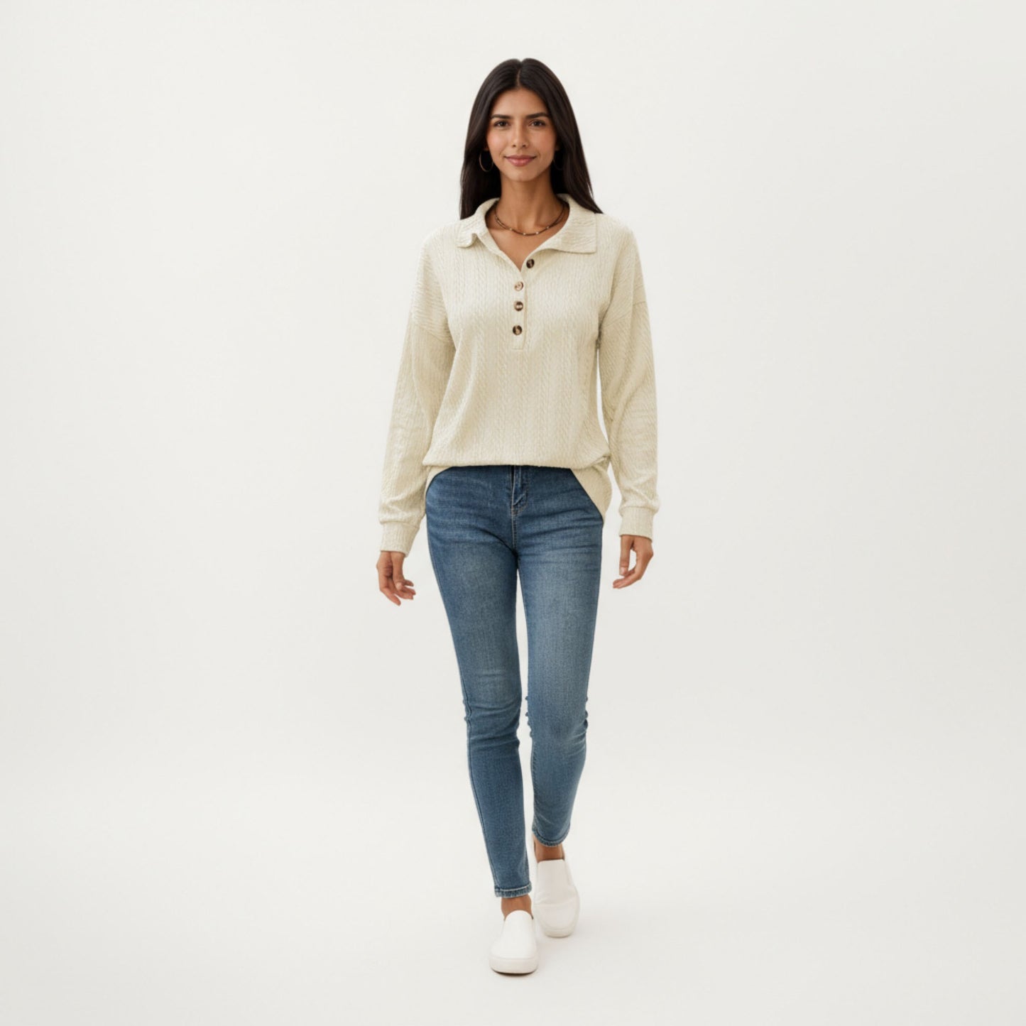 Anna-Kaci Women's Collared Long Sleeve Button-Up Top with Textured Knit Design