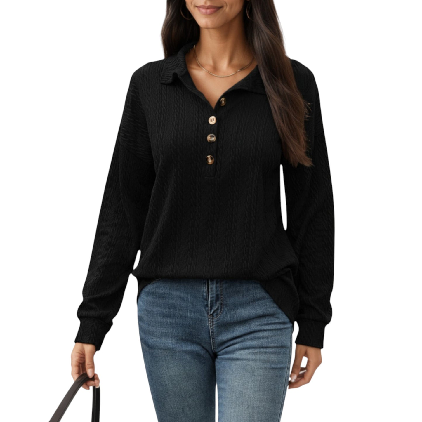 Anna-Kaci Women's Collared Long Sleeve Button-Up Top with Textured Knit Design