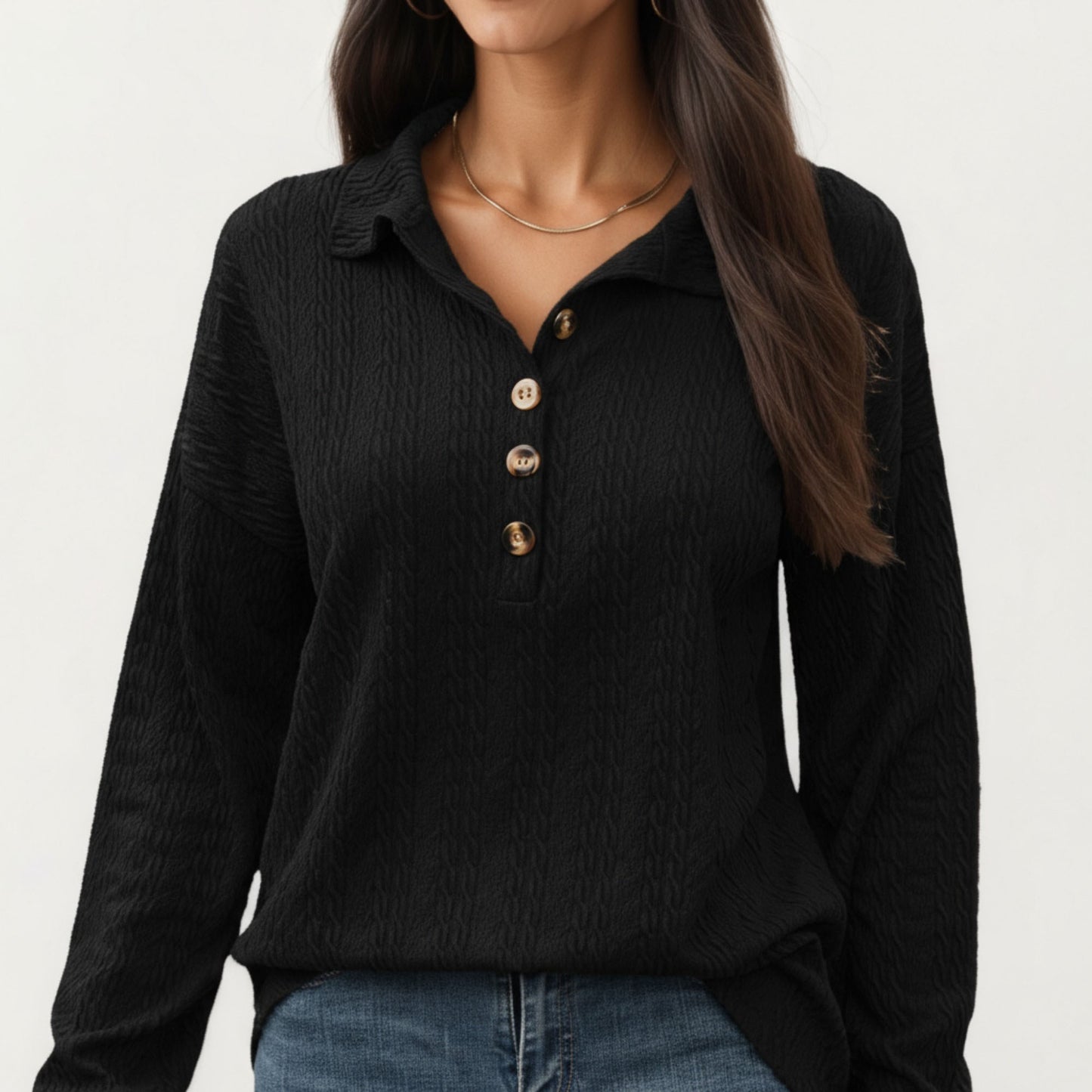 Anna-Kaci Women's Collared Long Sleeve Button-Up Top with Textured Knit Design