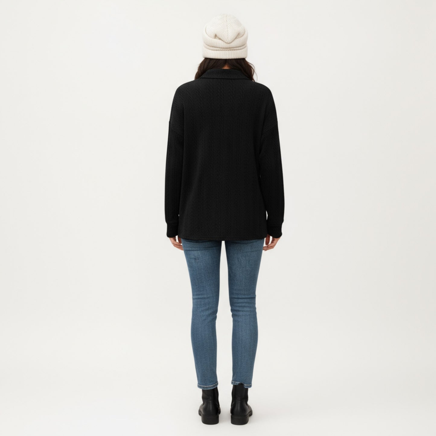 Anna-Kaci Women's Collared Long Sleeve Button-Up Top with Textured Knit Design