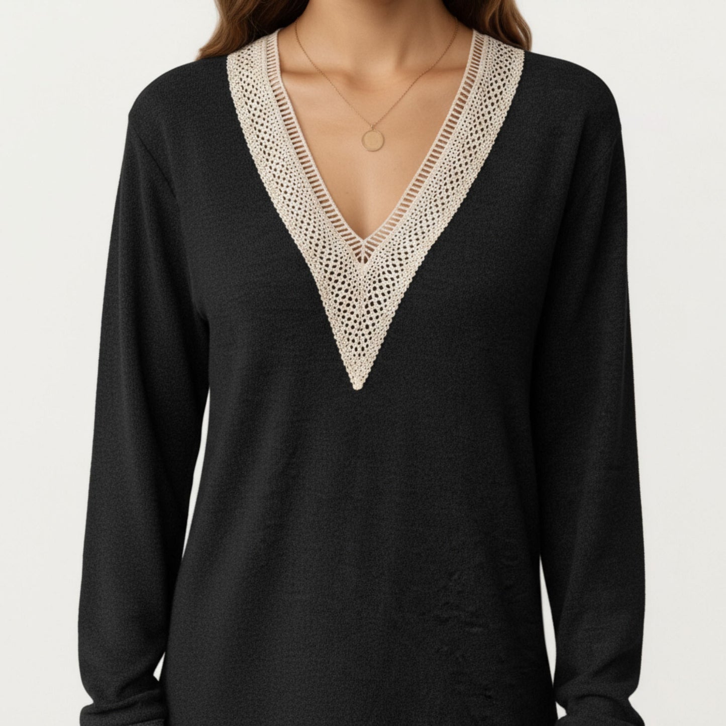 Anna-Kaci Women's Long Sleeve V-Neck Top with Contrast Crochet Trim and Relaxed Hem