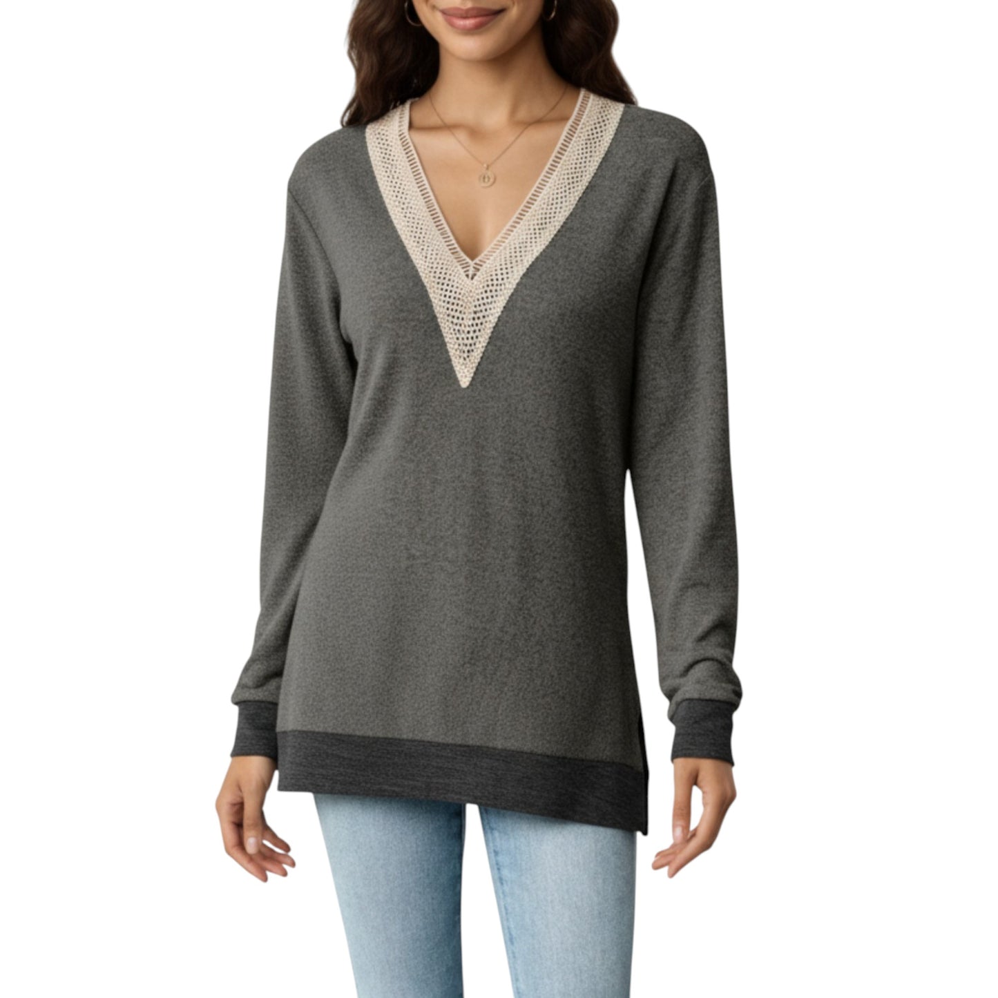 Anna-Kaci Women's Long Sleeve V-Neck Top with Contrast Crochet Trim and Relaxed Hem