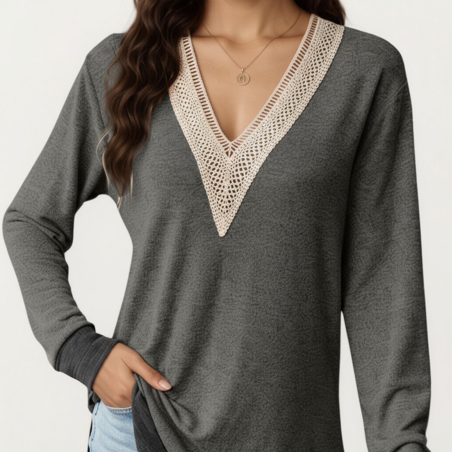 Anna-Kaci Women's Long Sleeve V-Neck Top with Contrast Crochet Trim and Relaxed Hem