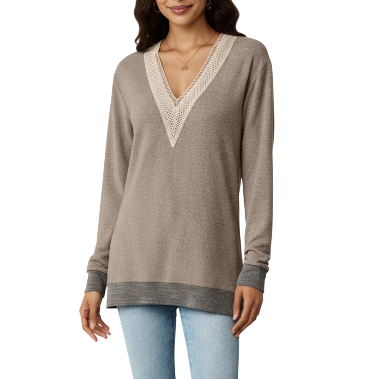 Anna-Kaci Women's Long Sleeve V-Neck Top with Contrast Crochet Trim and Relaxed Hem