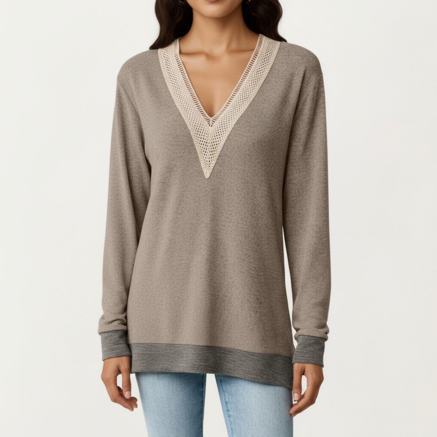 Anna-Kaci Women's Long Sleeve V-Neck Top with Contrast Crochet Trim and Relaxed Hem