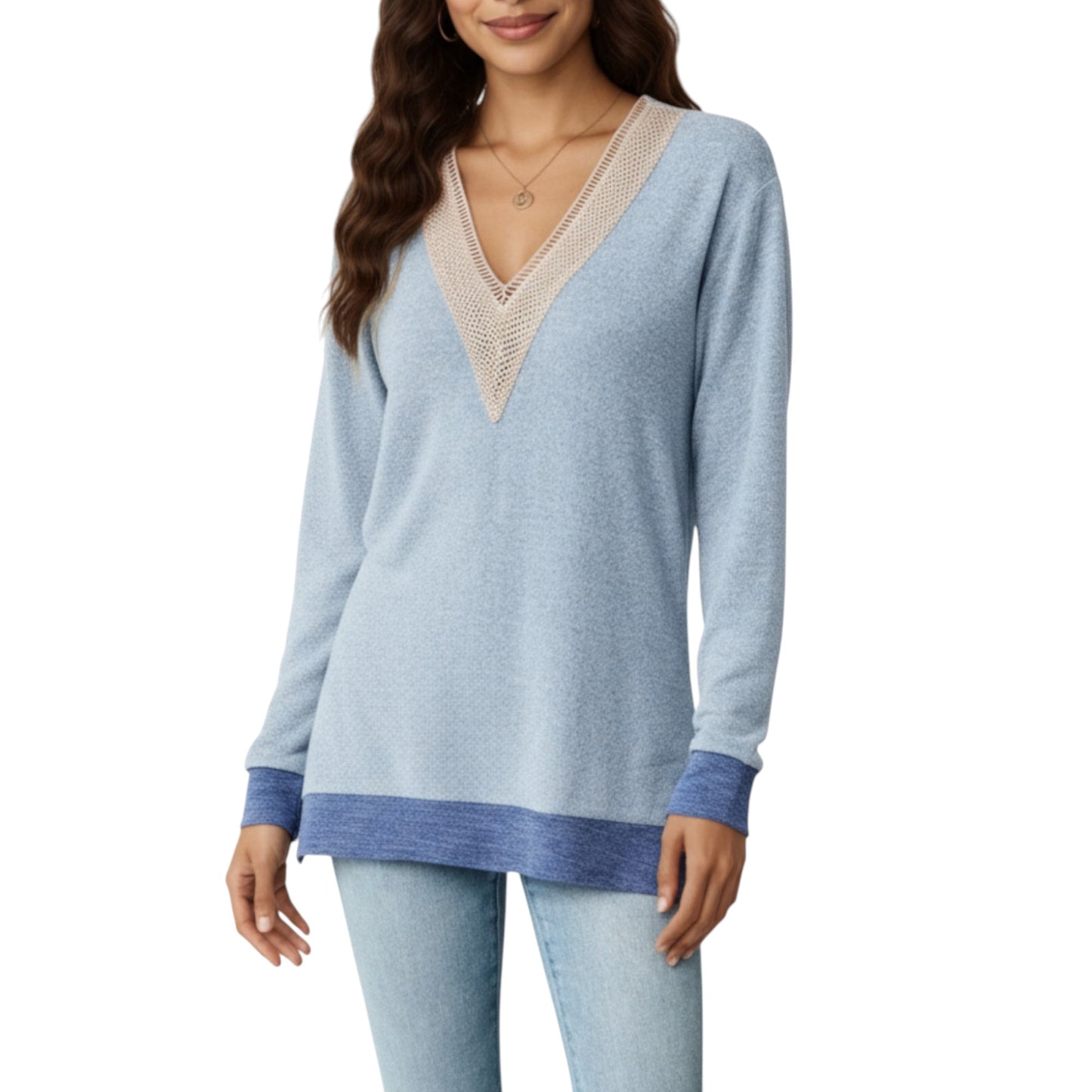 Anna-Kaci Women's Long Sleeve V-Neck Top with Contrast Crochet Trim and Relaxed Hem