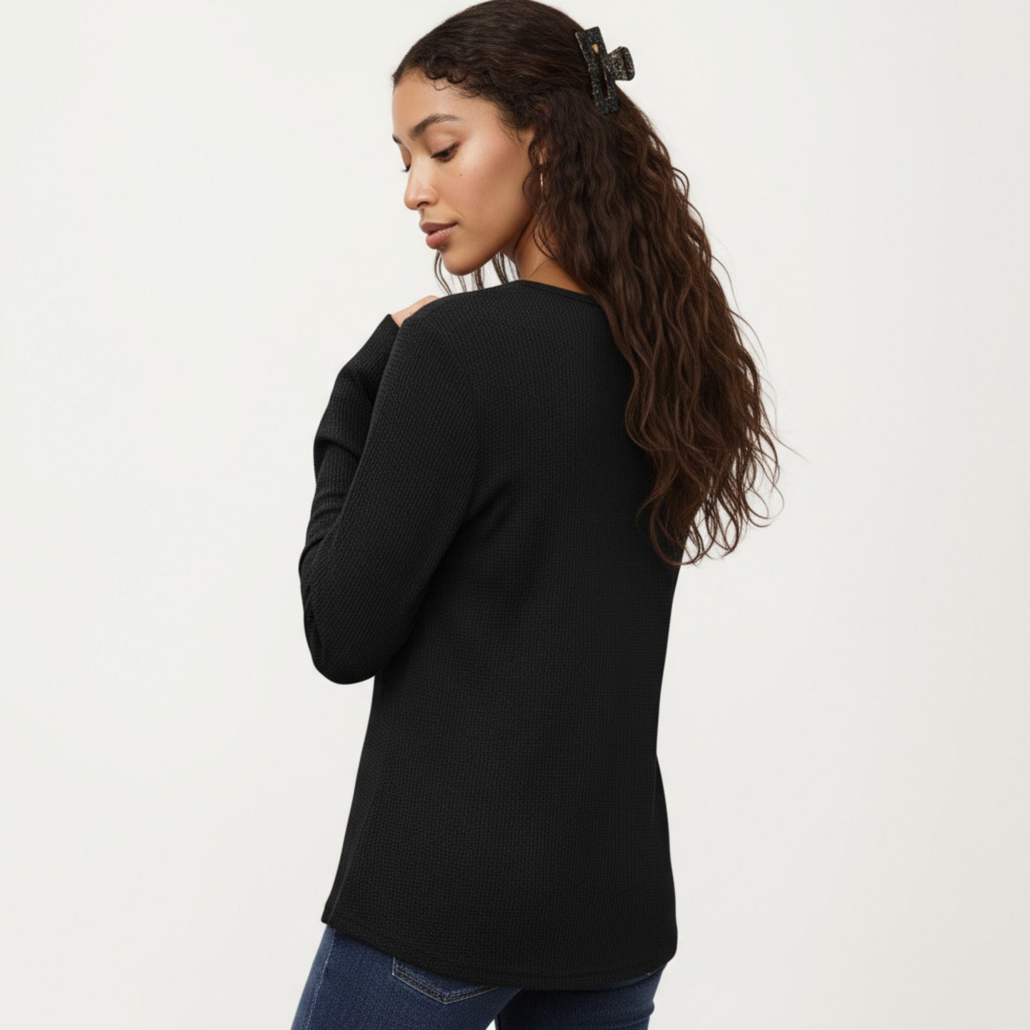 Anna-Kaci Women's Long Sleeve Button-Front Scoop Neck Top with Textured Knit Design