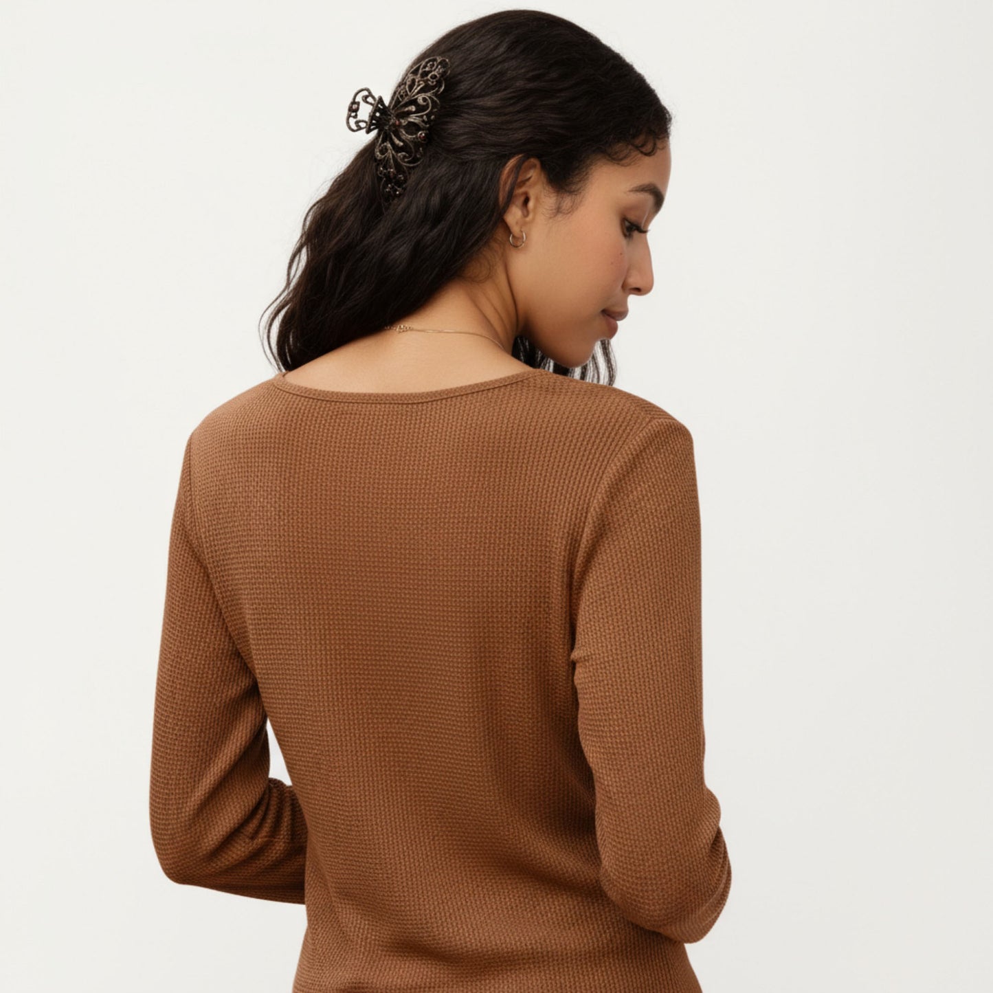 Anna-Kaci Women's Long Sleeve Button-Front Scoop Neck Top with Textured Knit Design