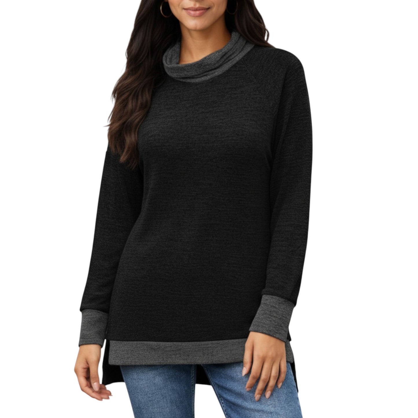 Anna-Kaci Women's Long Sleeve Cowl Neck Top with Contrast Cuffs and Hem