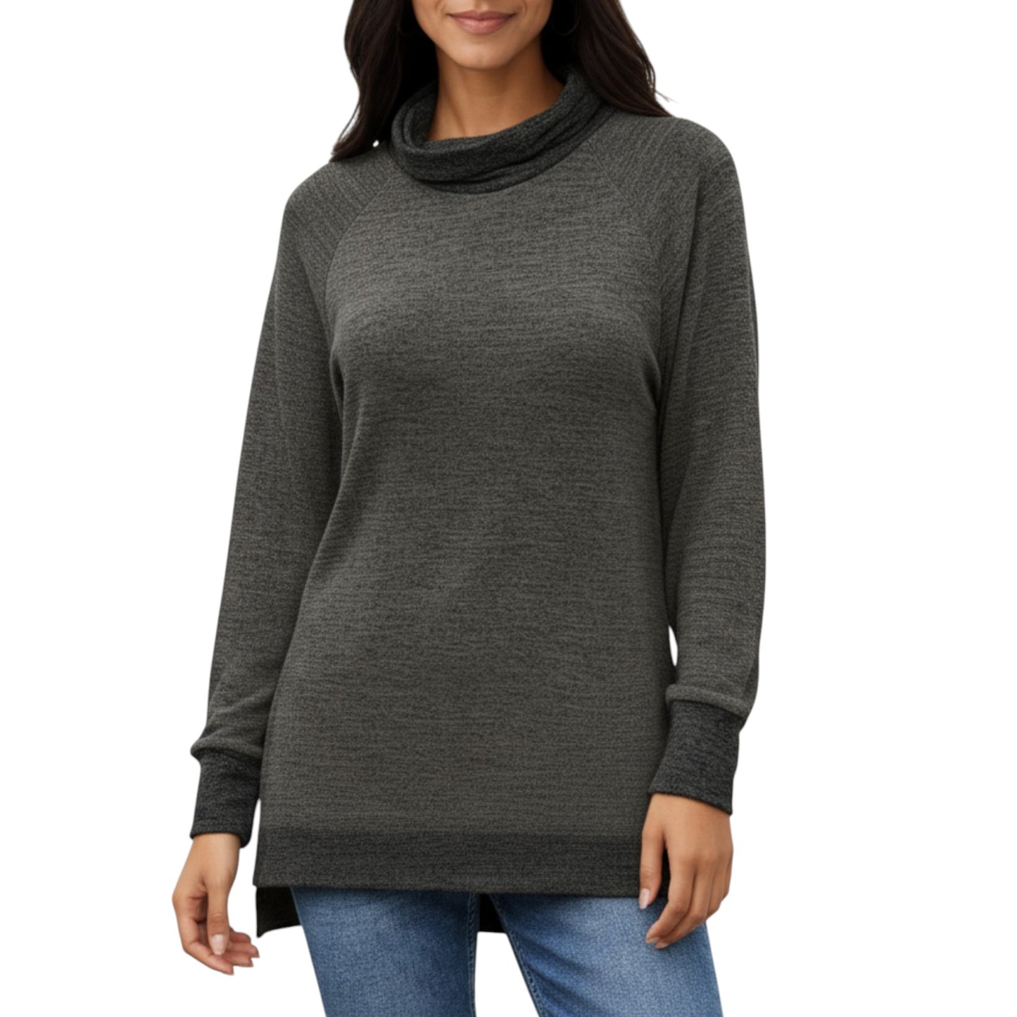Anna-Kaci Women's Long Sleeve Cowl Neck Top with Contrast Cuffs and Hem