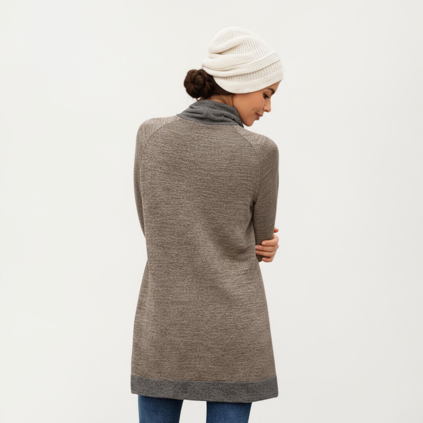 Anna-Kaci Women's Long Sleeve Cowl Neck Top with Contrast Cuffs and Hem