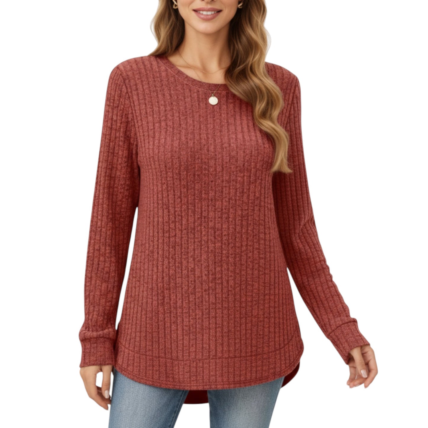 Anna-Kaci Women's Long Sleeve Ribbed Knit Top with Rounded Hem and Relaxed Fit