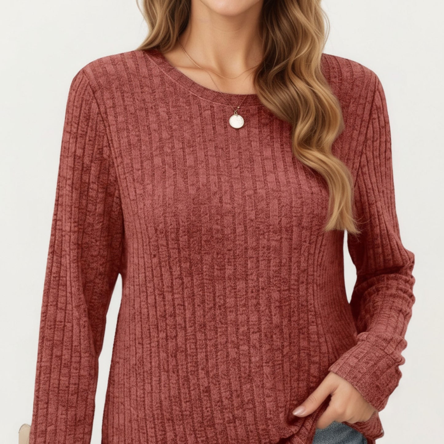 Anna-Kaci Women's Long Sleeve Ribbed Knit Top with Rounded Hem and Relaxed Fit