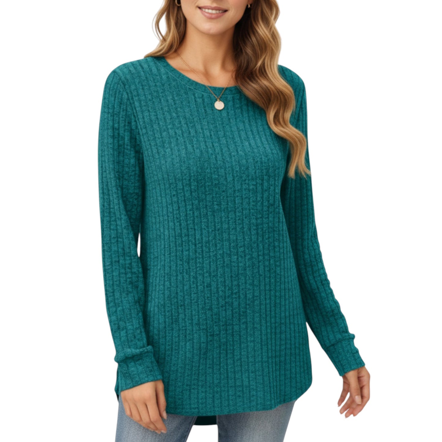 Anna-Kaci Women's Long Sleeve Ribbed Knit Top with Rounded Hem and Relaxed Fit