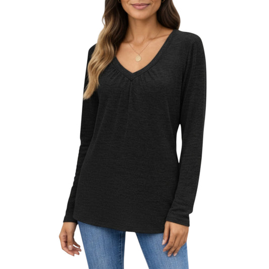 Anna-Kaci Women's Long Sleeve V-Neck Top with Subtle Front Pleat and Relaxed Fit