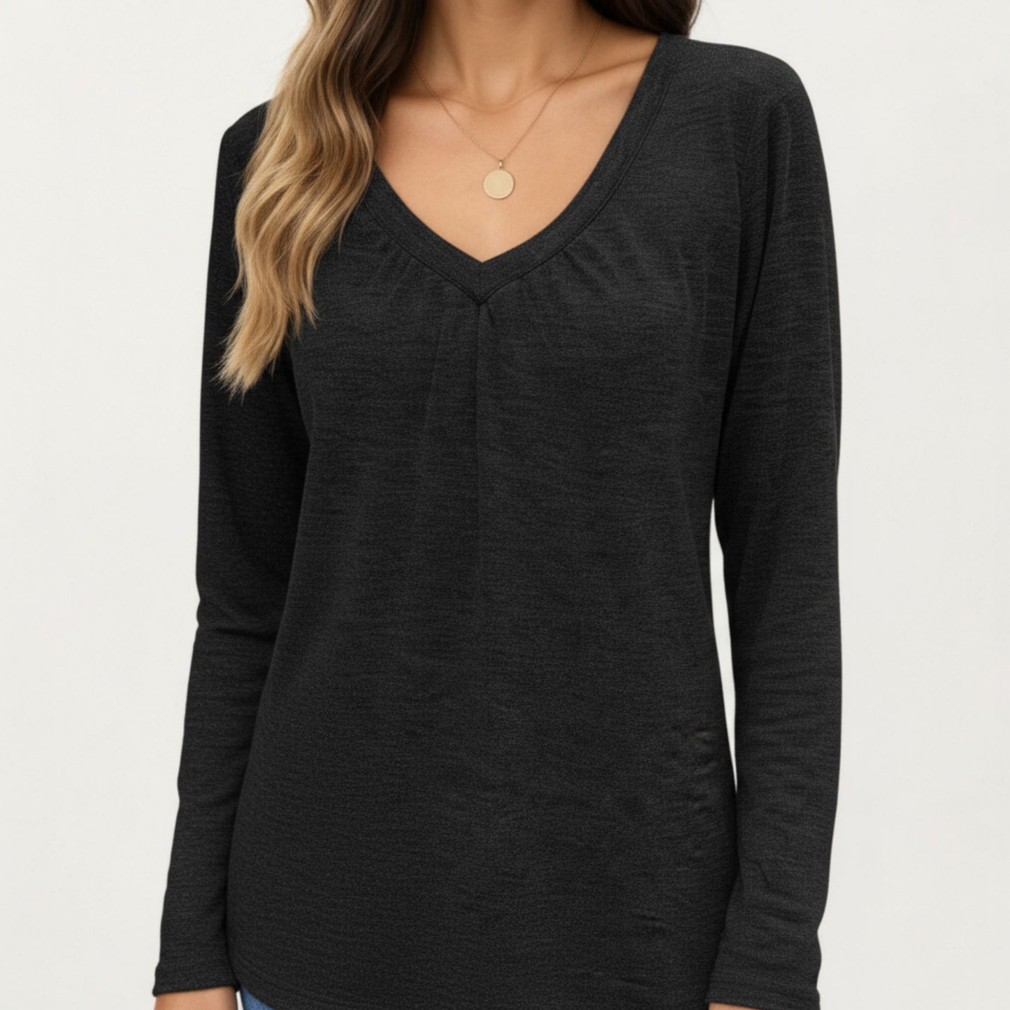 Anna-Kaci Women's Long Sleeve V-Neck Top with Subtle Front Pleat and Relaxed Fit