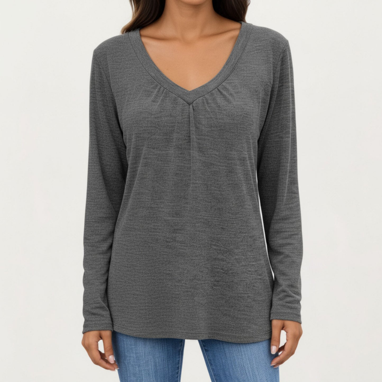 Anna-Kaci Women's Long Sleeve V-Neck Top with Subtle Front Pleat and Relaxed Fit
