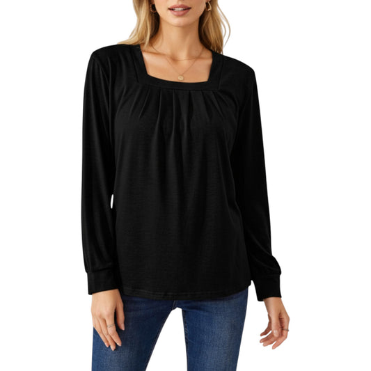 Anna-Kaci Women's Long Sleeve Square Neck Top with Front Pleat Detailing and Relaxed Fit